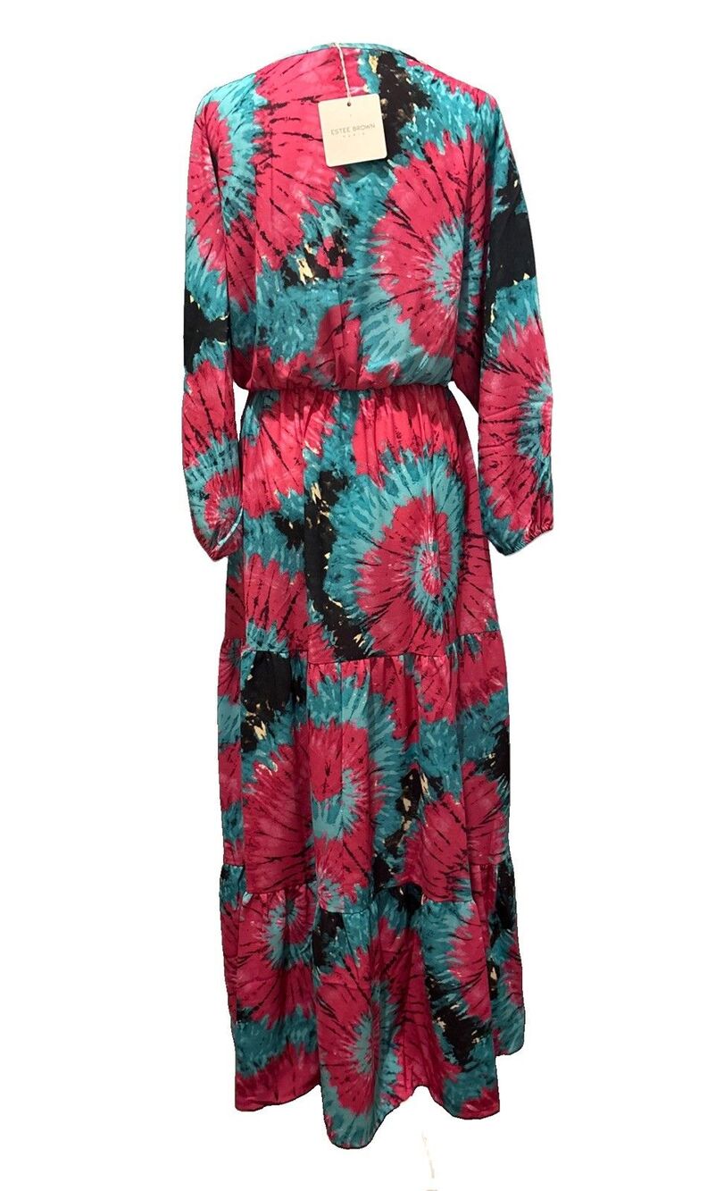Estee Paris Brown New Maxi Dress Boho Tie-Dye Flowy Tiered S - Picture 3 of 5